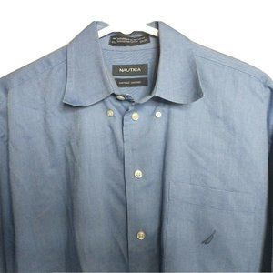 Nautica Men's Sz 15 1/2-34/35 Vintage Oxford Solid Blue Long Sleeve Button Down